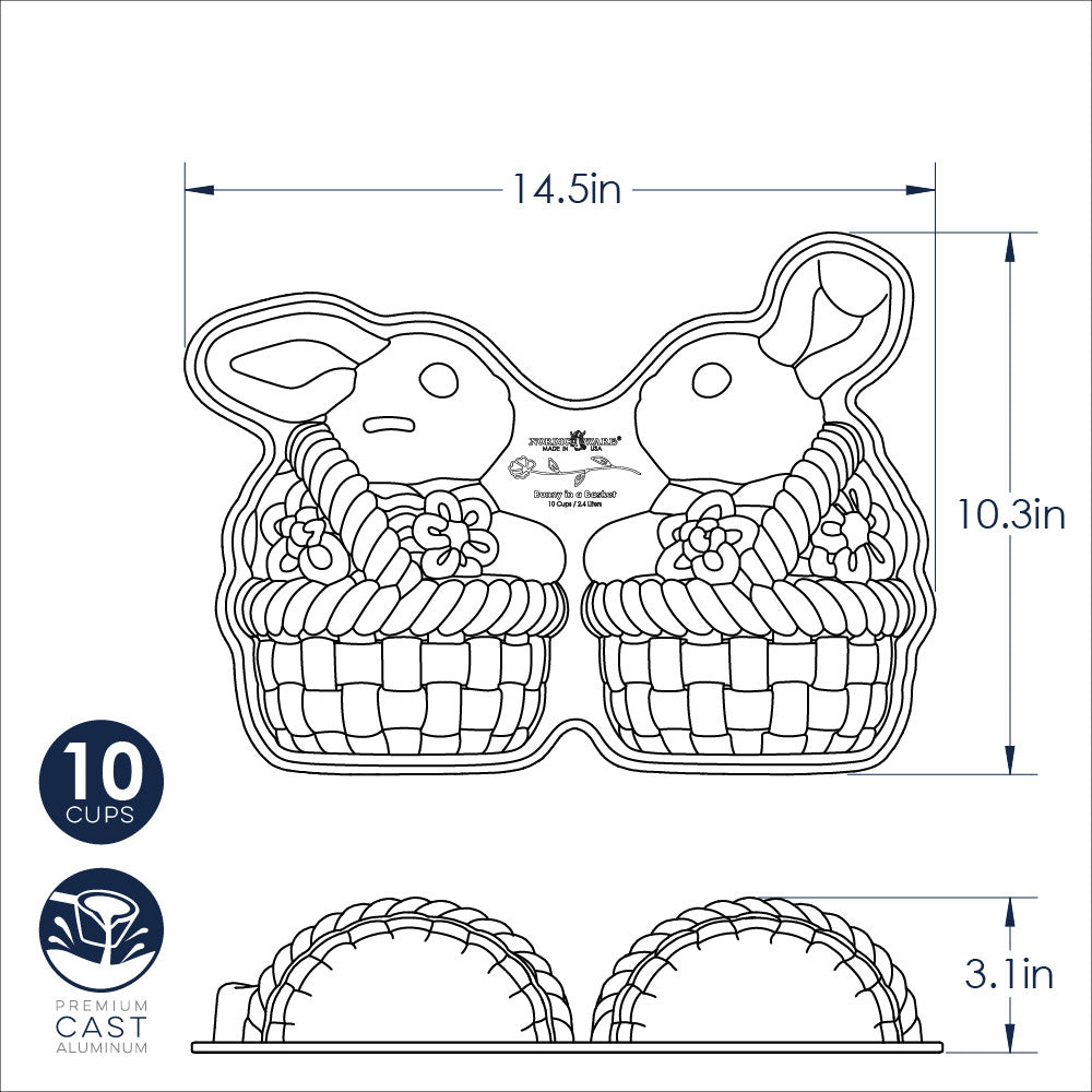 Metal baking pan shaped like two bunnies sitting in woven baskets with floral details, 14.5 by 10.3 inches.
