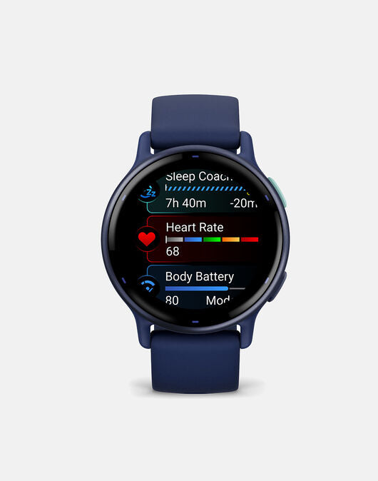 Garmin Vivoactive 5 Metallic Navy smartwatch with GPS and fitness tracking, available at Keans Claremorris.