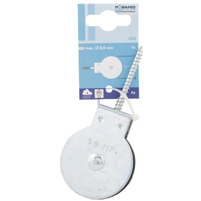 Posamo 10x50mm single-wheel screw pulley with zinc-plated steel and black polyethylene wheel – Keans Claremorris