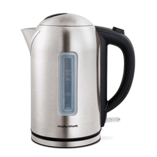 Morphy Richards 1.7L Quiet Boil Kettle in brushed steel with black handle and water level indicator on white background.