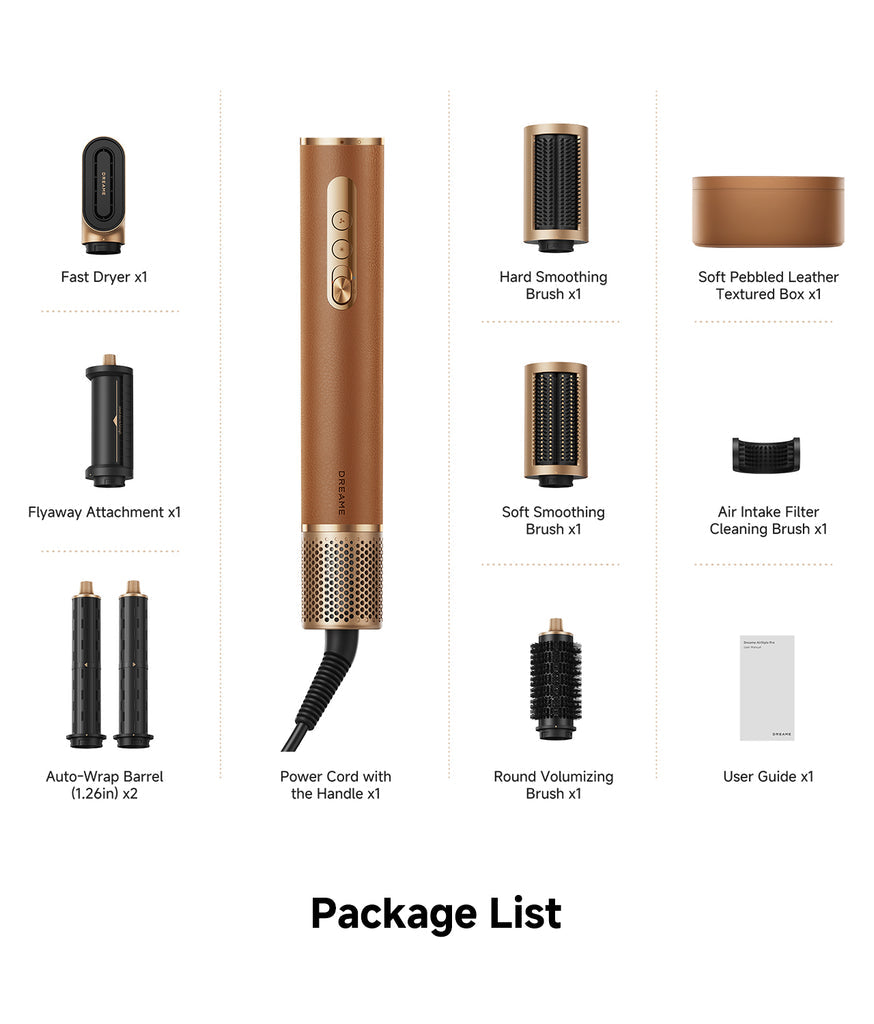 Dreame AirStyle Pro 7-in-1 Hair Styler components including handle, brushes, barrels, fast dryer, leather box, and user