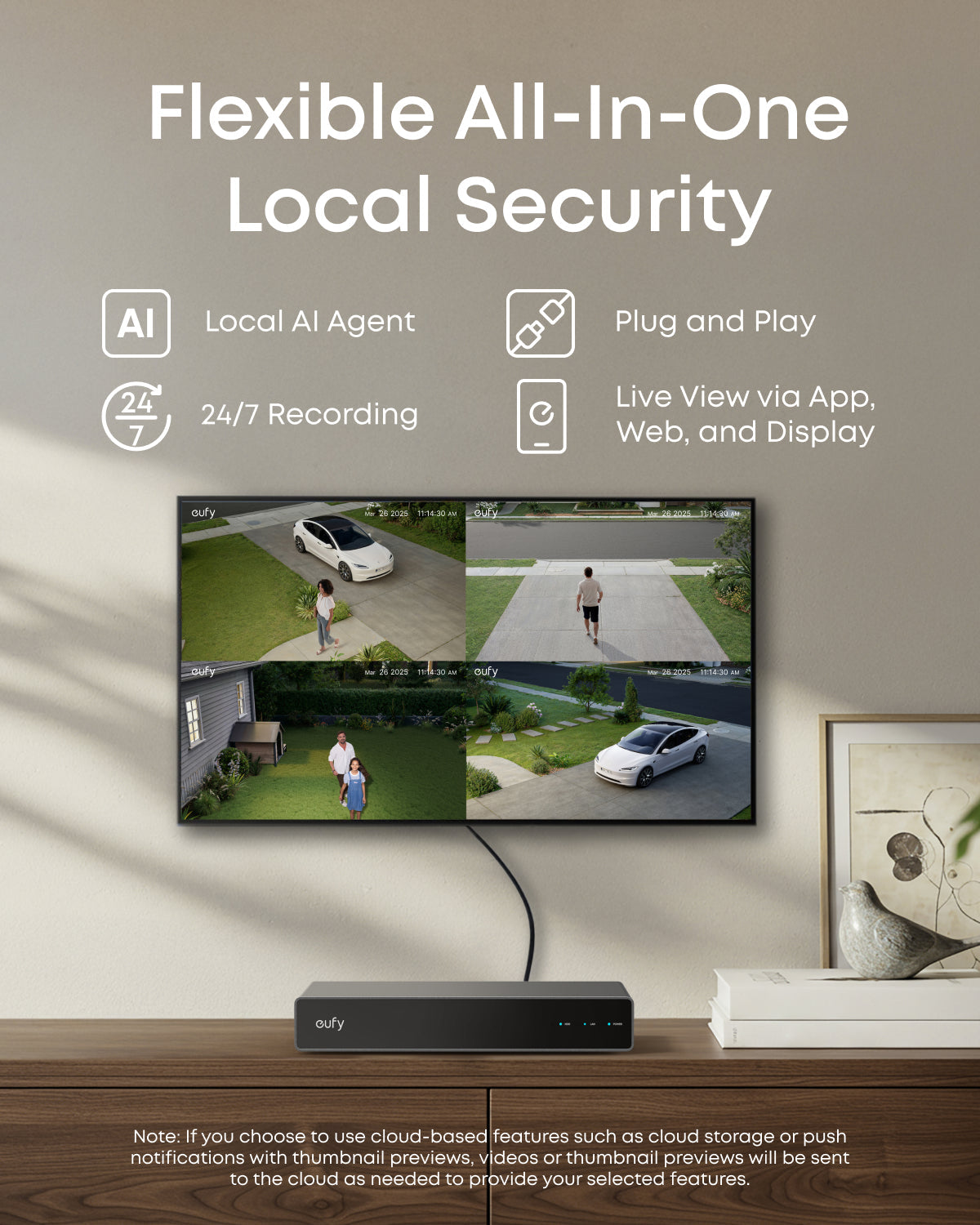 Eufy NVR Security System S4 Max showing a monitor with four live security camera views and the main unit below.