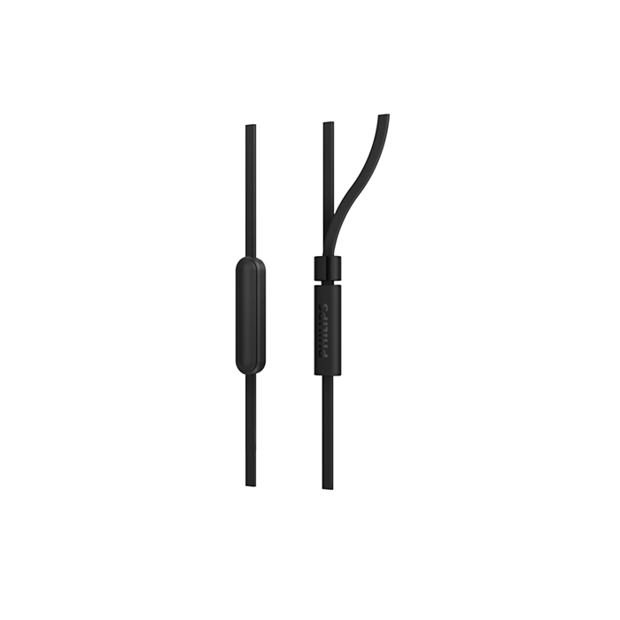 Close-up of black Philips in-ear wired headphones cable with inline volume control and Philips logo on connector.
