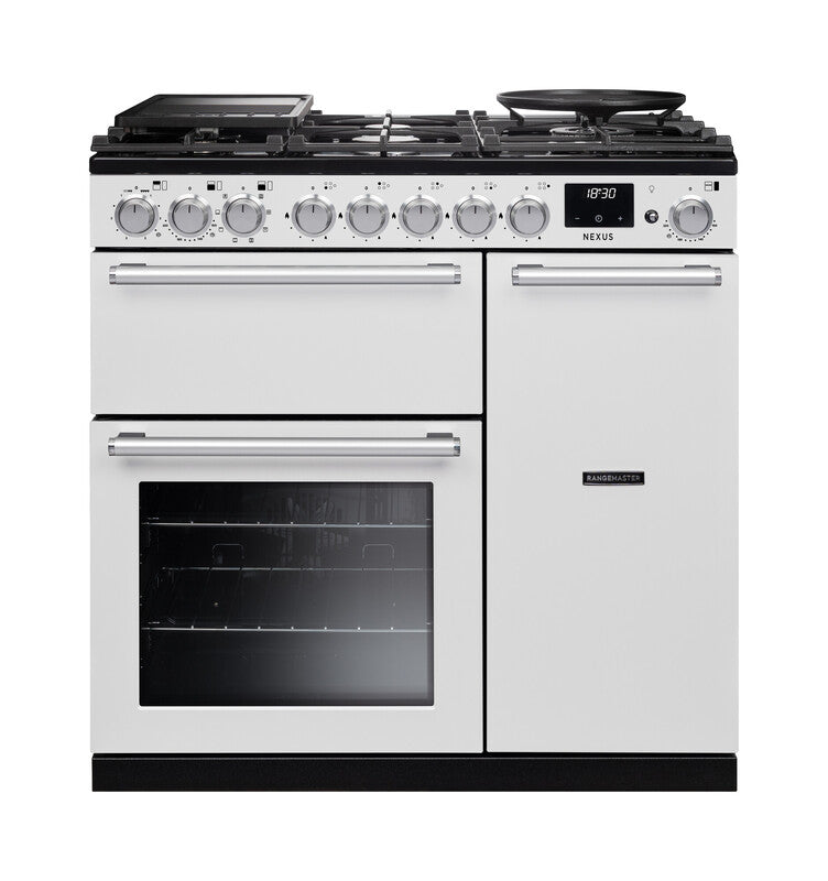 Rangemaster Nexus Dual Fuel 90cm cooker in white with chrome trim, six burners, and double oven doors