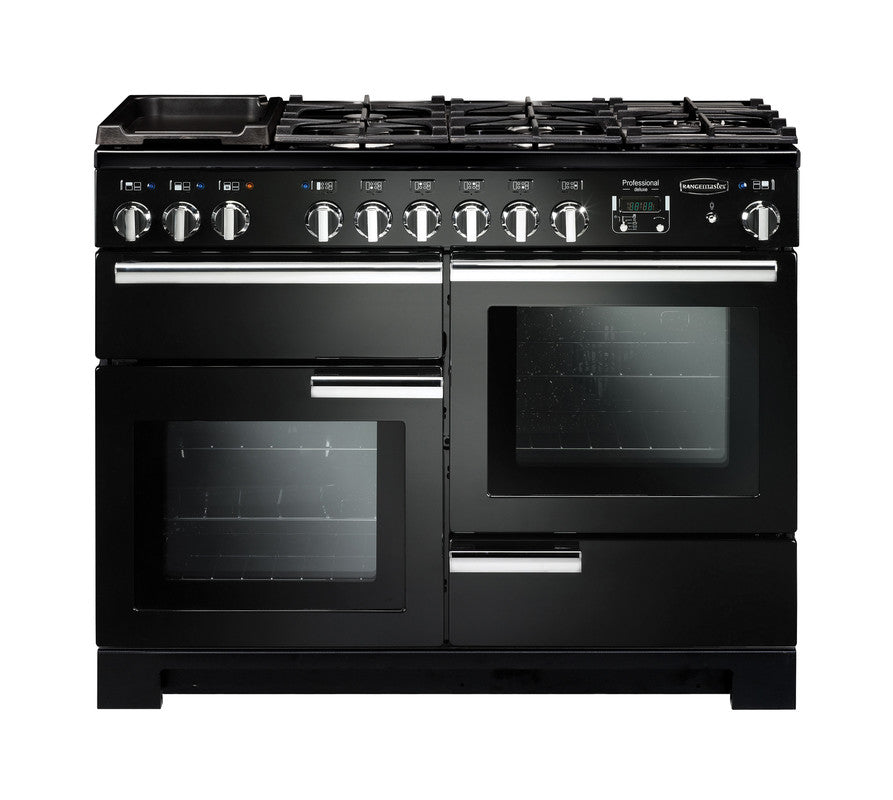 Rangemaster Professional Deluxe 110 dual fuel range cooker in black with six burners and two ovens visible from the front.