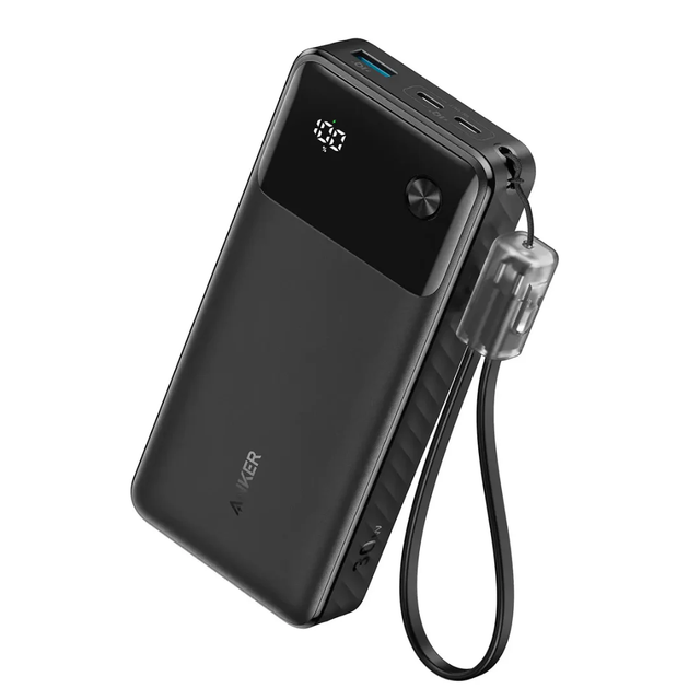 Anker 20K PD Power Bank in black with digital battery display, USB-C and USB-A ports, and attached carrying strap.