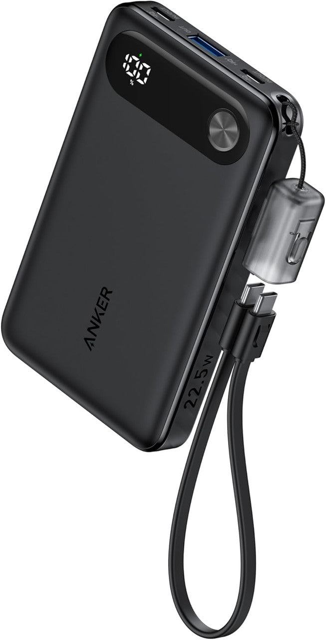 Anker 10K PD Power Bank in black with digital battery display, dual ports, and attached USB-C charging cable.