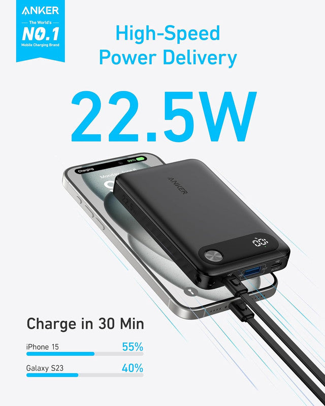 Anker 10K PD Power Bank charging a smartphone with digital display and USB-C cable connected