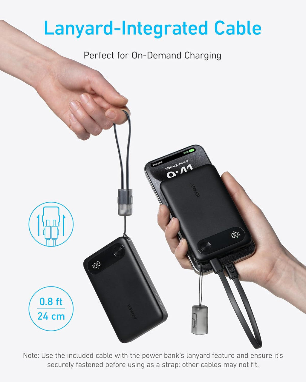 Anker 10K PD Power Bank shown with integrated lanyard cable and charging a smartphone.