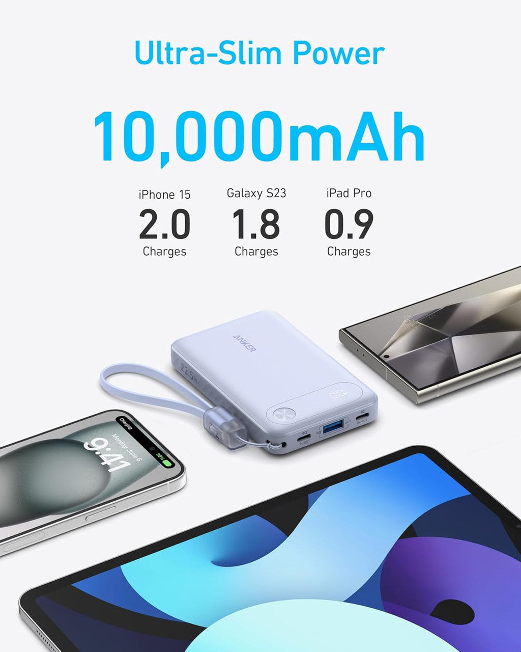 Anker 10K PD Power Bank in white with USB-C and USB-A ports, connected to a USB-C cable.