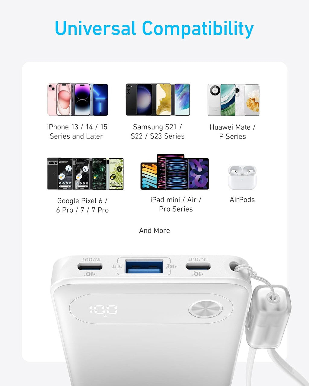Anker 10K PD Power Bank in white showing digital battery display, USB-C and USB-A ports, and attached cable.