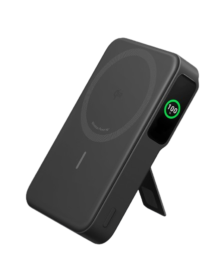 Anker MagGo Power Bank 10,000mAh in black with fold-out stand and smart LED display showing full charge.