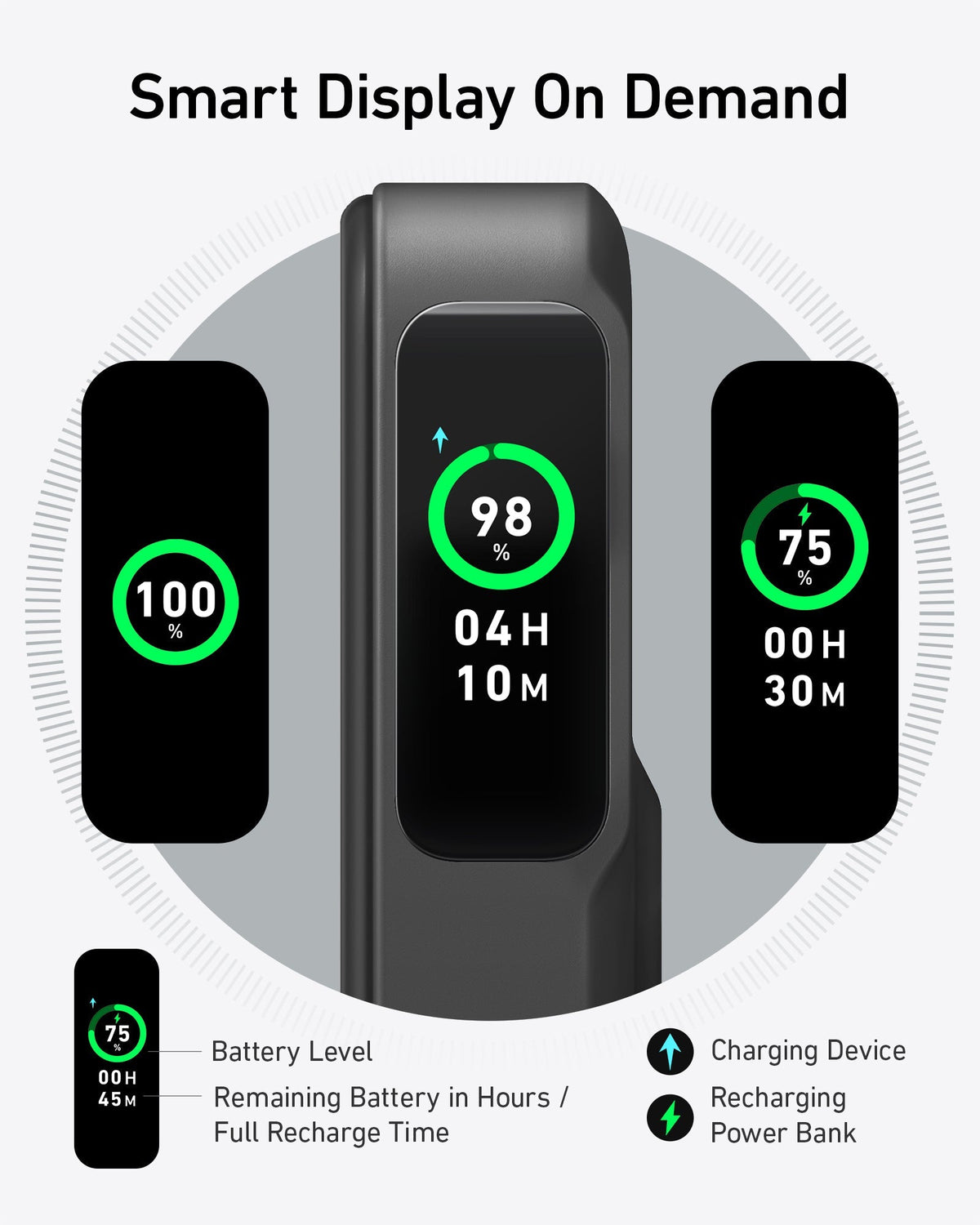 Close-up of Anker MagGo Power Bank (10K) screen showing battery percentage and recharge time details.