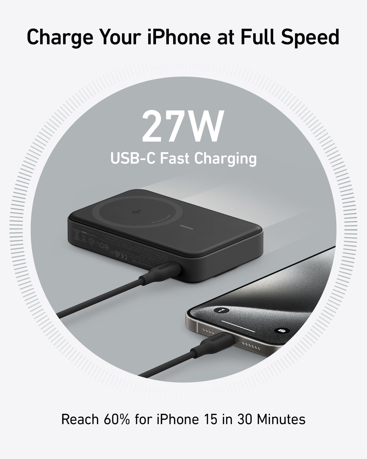 Anker MagGo Power Bank (10K) charging an iPhone 15 via USB-C cable with 27W fast charging text above.