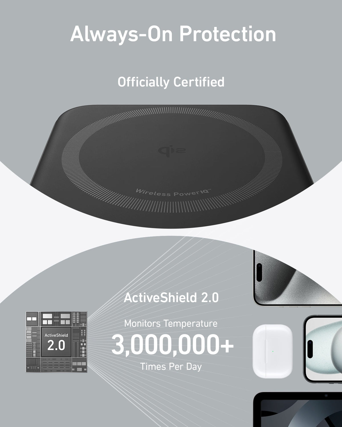 Top view of the Anker MagGo Power Bank (10K) showing the wireless charging pad with Qi2 logo and circular pattern.