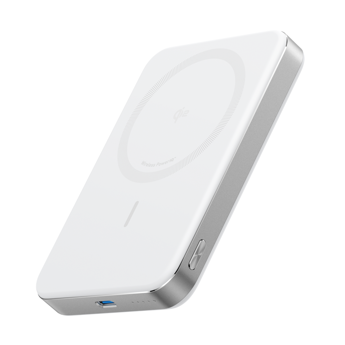 Anker 10k Slim Magnetic Power Bank angled view showing white top with Qi2 logo and silver edges with USB-C port and button