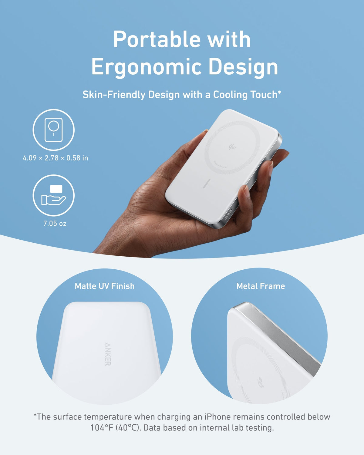 Hand holding white Anker 10k Slim Magnetic Power Bank with metal frame and matte finish on blue background