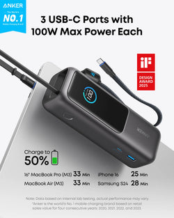 Anker Power Bank 25K 165W USB-C Retractable Cable | A1117H11