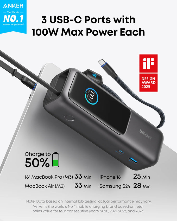 Anker Power Bank 25K 165W USB-C Retractable Cable | A1117H11 - Image 2