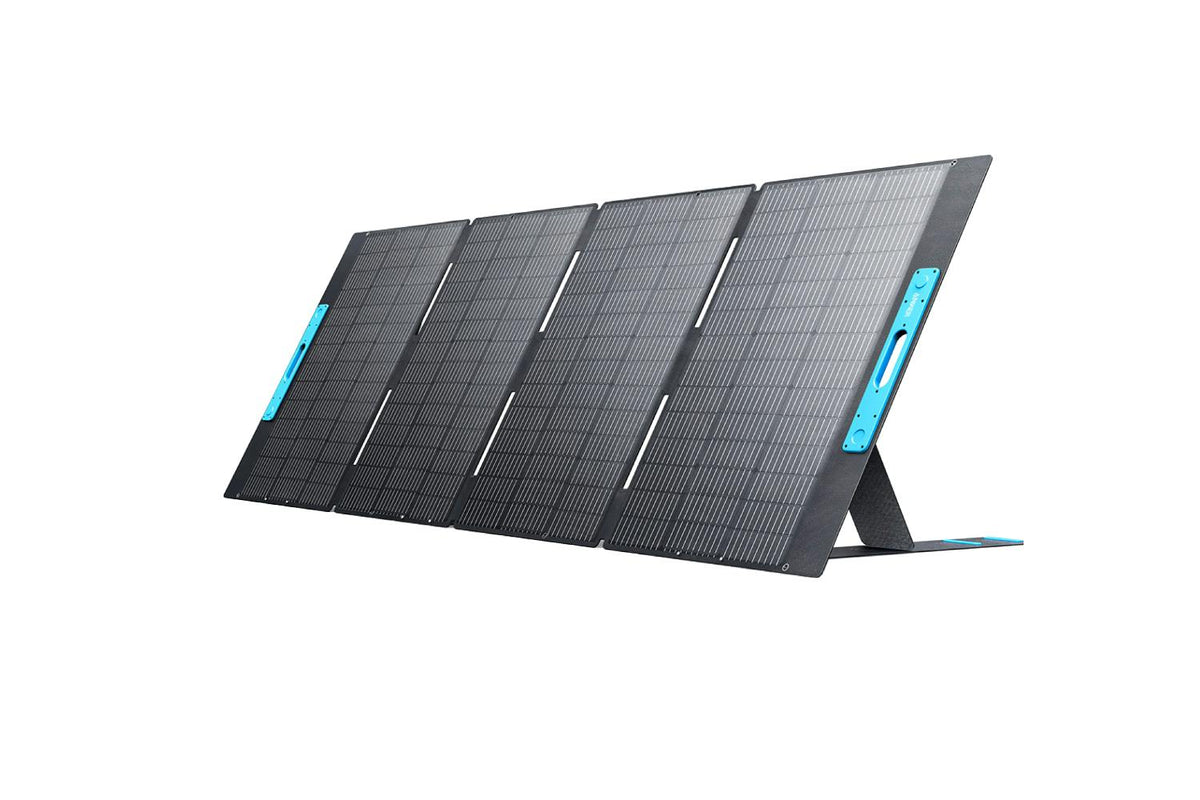 Anker 531 Solar Panel 400W unfolded and angled with blue handles and black frame on white background.