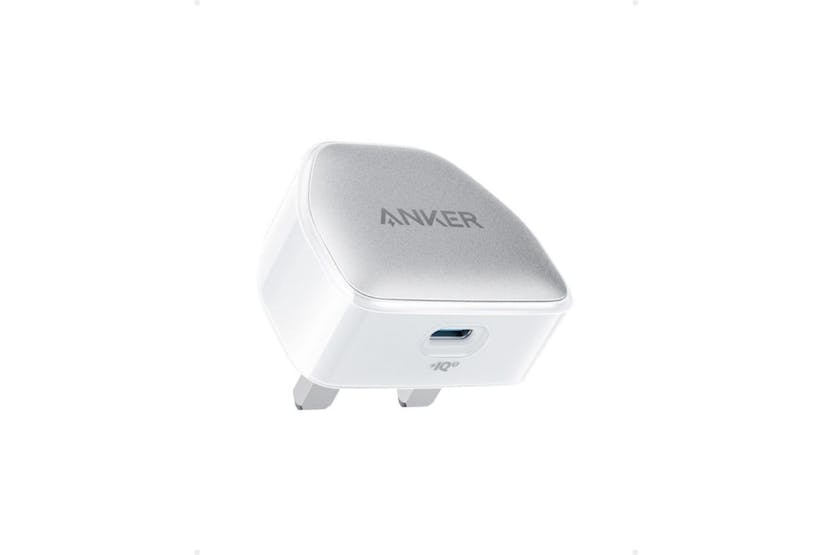 Compact white Anker 511 Nano 20W USB-C charger with silver top and UK plug visible from front angle.