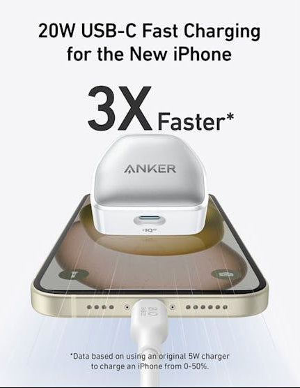 White Anker 511 Nano 20W USB-C charger plugged into a smartphone with charging text above