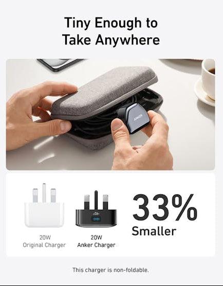Hands placing a white Anker 511 Nano 20W USB-C charger into a small gray carrying case on a table.
