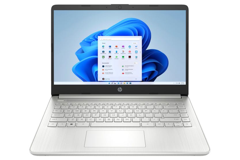 HP 14" Core i3 laptop in natural silver, open showing keyboard and Windows 11 Home screen.