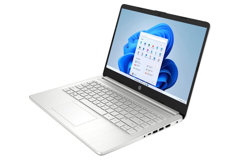 HP 14'' Core i3 laptop open at an angle showing silver keyboard and Windows 11 home screen.