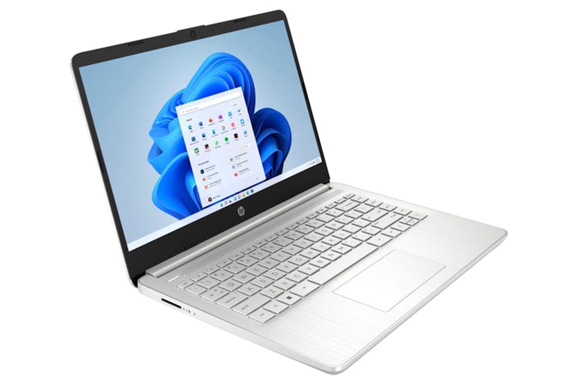 HP 14'' Core i3 laptop open at an angle showing keyboard and Windows 11 home screen on display