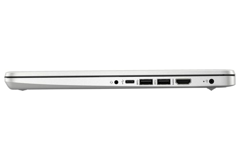 Closed silver HP 14'' Core i3 laptop showing left side ports including USB-C, two USB-A, HDMI, and audio jack.