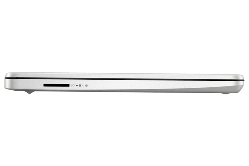 Closed HP 14'' Core i3 laptop showing slim silver side with SD card slot and indicator lights.
