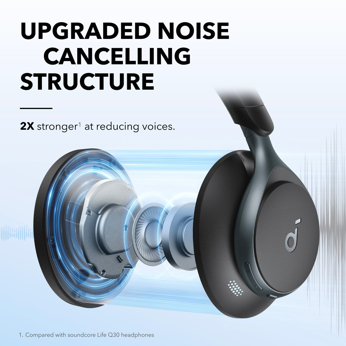 Soundcore Space One black headphones with exploded view showing internal noise-cancelling components.