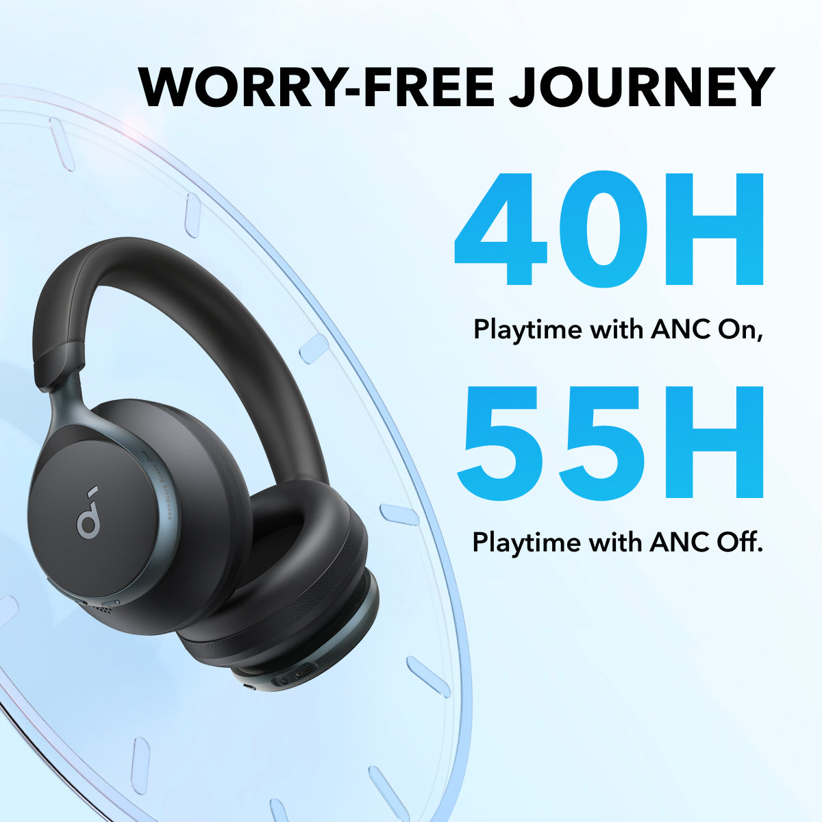 Black Soundcore Space One headphones angled to show ear cups and headband with playtime details on the side