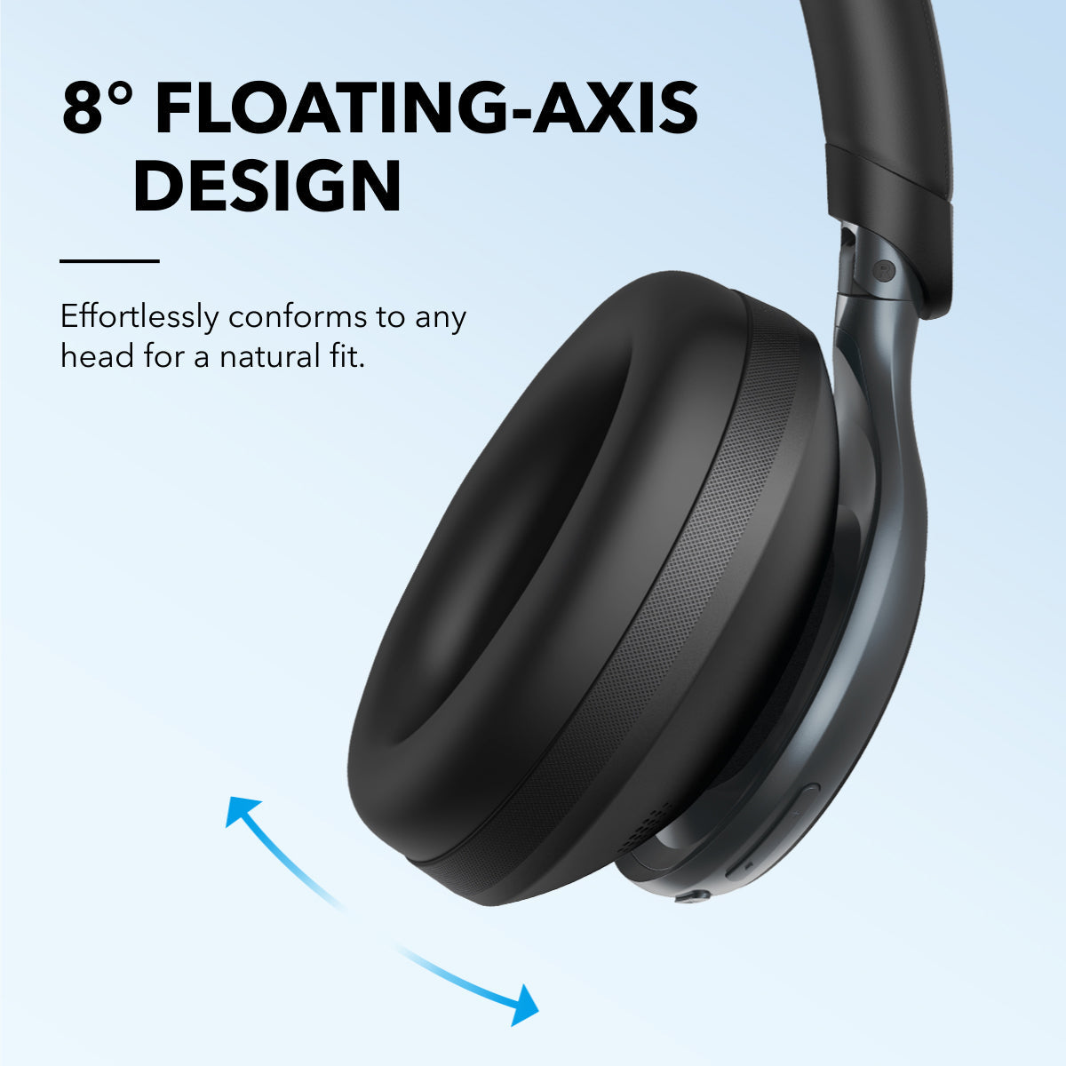 Close-up of the black Soundcore Space One headphone earcup showing its floating-axis design.