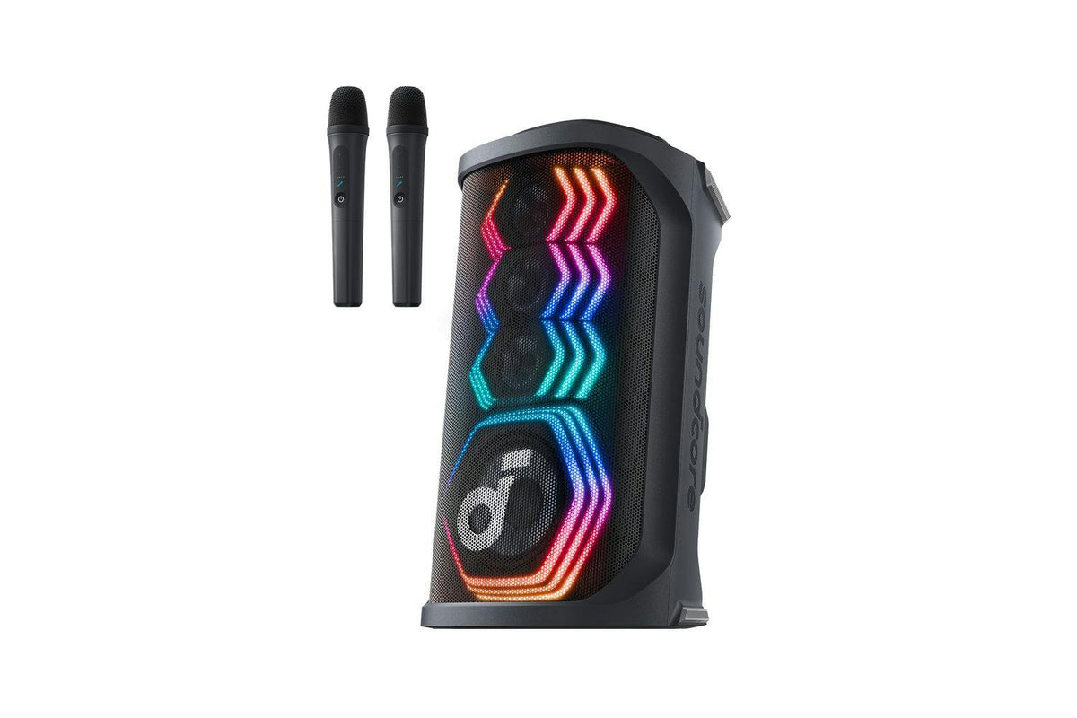 Soundcore Rave 3S black party speaker with colorful RGB lights and two wireless microphones on white background.