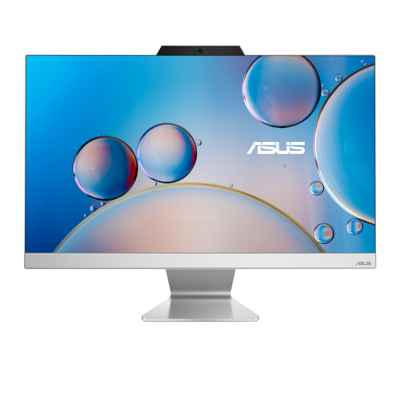 ASUS 23.8" All-in-One desktop in white with slim bezels, built-in webcam, and abstract bubble wallpaper on screen.