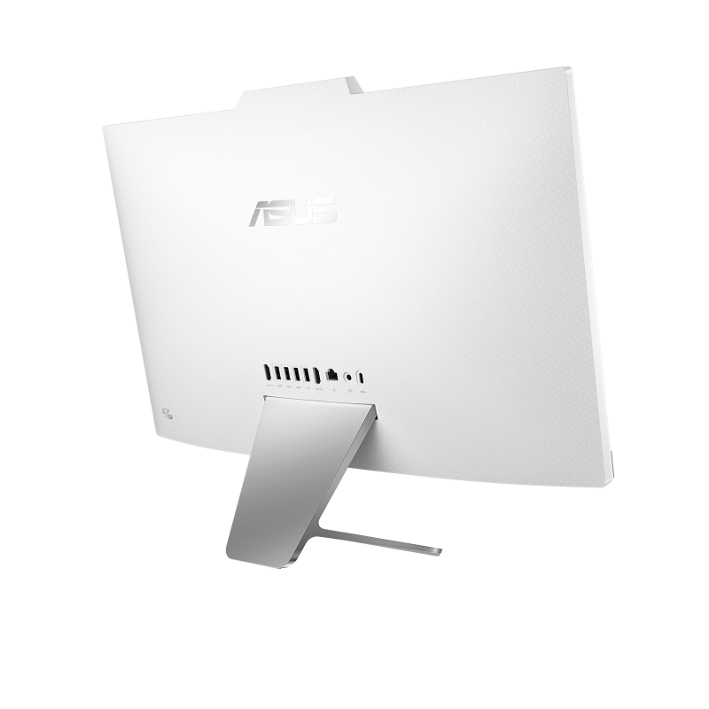 Back view of white Asus 23.8" All-In-One PC with ports and silver stand visible