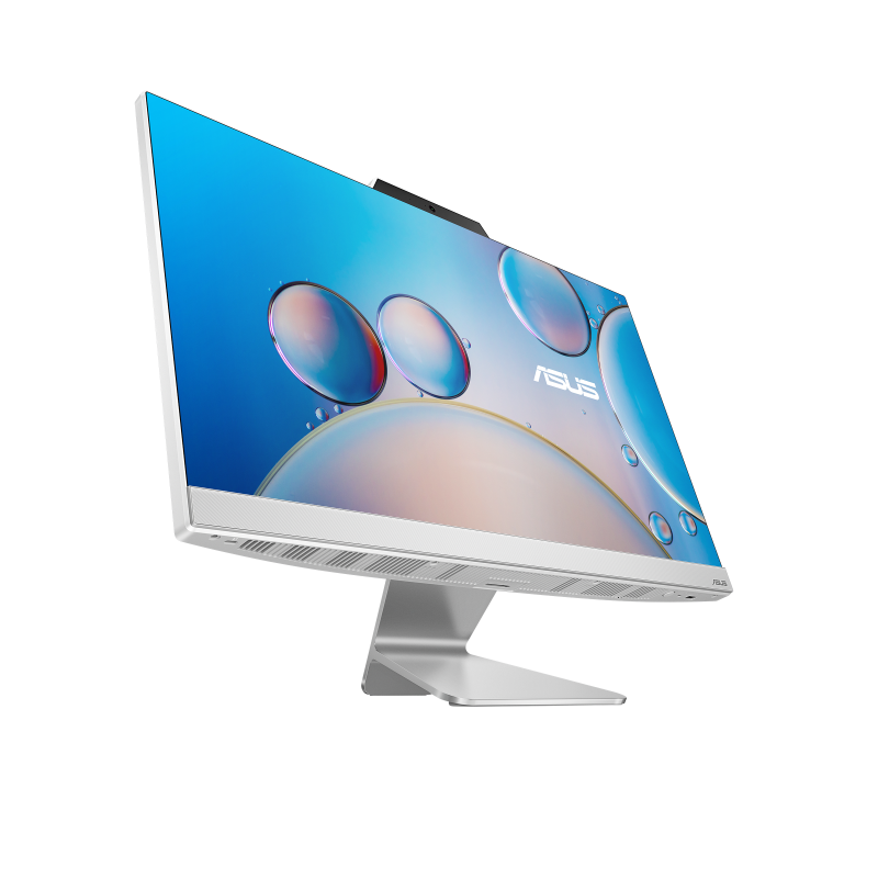 Asus 23.8" white all-in-one PC angled view with colorful bubble wallpaper on screen