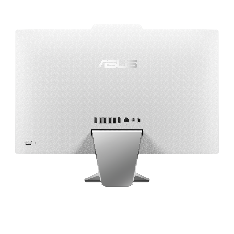 Back view of Asus 23.8" All-In-One PC in white showing ports and stand.