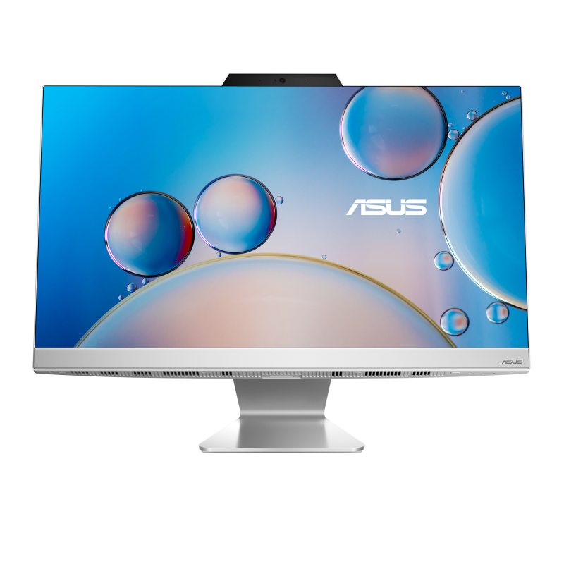 Front view of Asus 23.8" All-In-One PC with colorful bubble wallpaper and silver stand in white finish