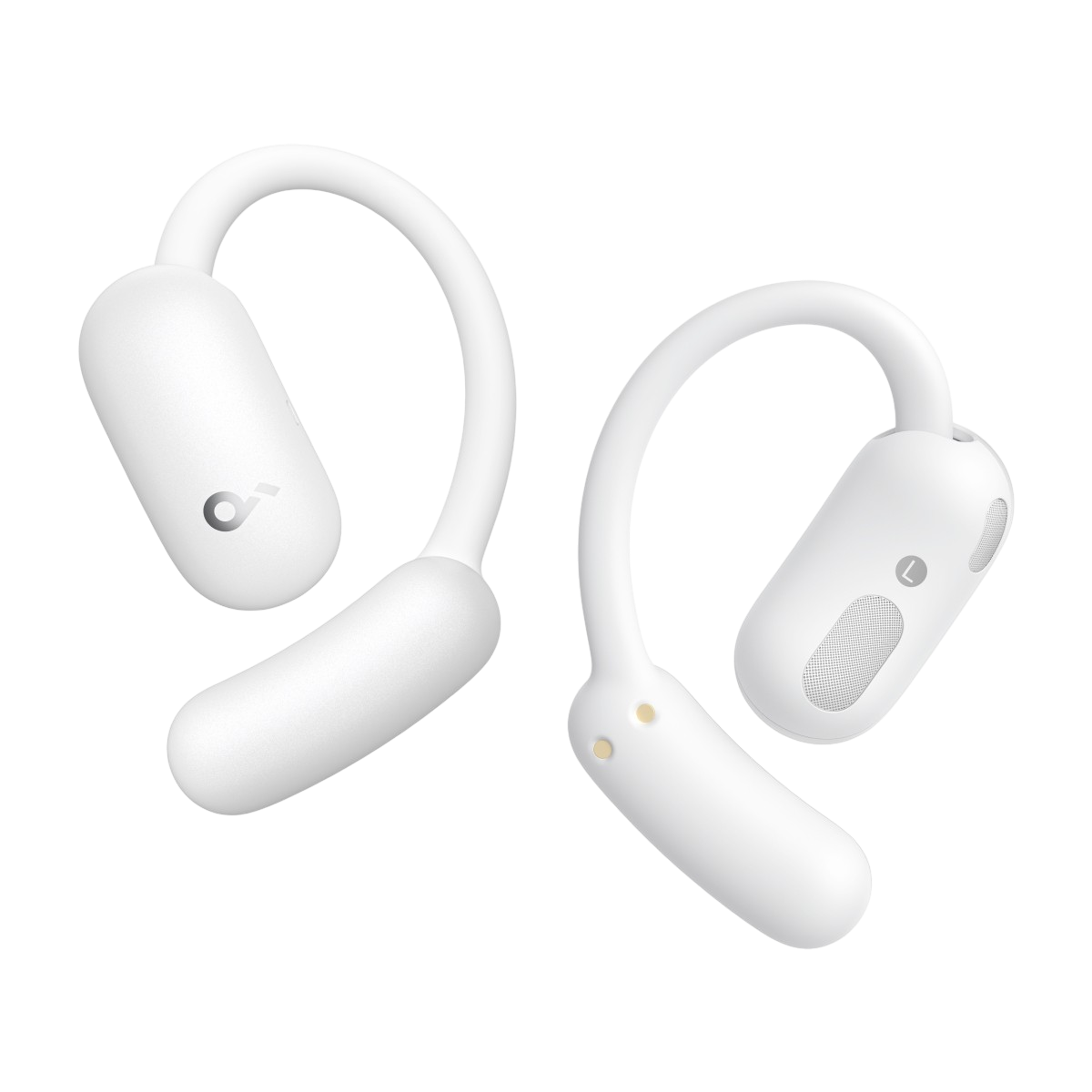 White Soundcore AeroFit 2 open-ear wireless earbuds with adjustable ear hooks shown from front and back angles.