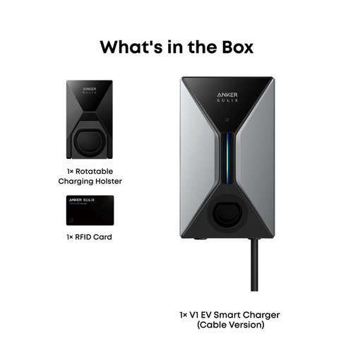 Anker Solar smart charger product presentation on a white background with text reading 'What's in the Box.' The main subject is a black and silver rectangular smart charger with a blue vertical light strip, shown alongside a smaller charging holster and an RFID card, with labels indicating included accessories.