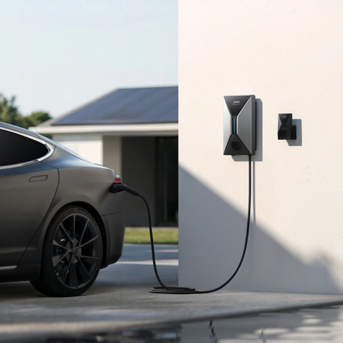 Electric car charging at a home charging station with solar panels on the roof.