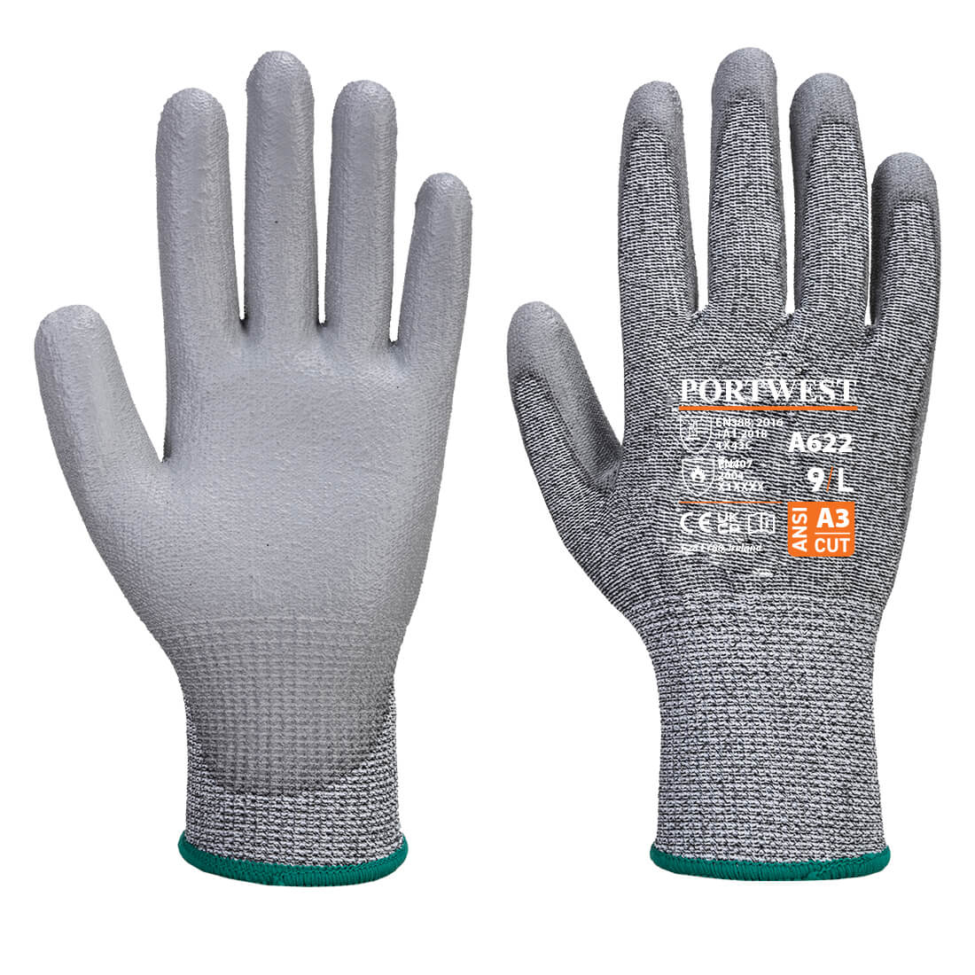 Portwest A622 grey cut resistant gloves showing palm and back with printed safety certifications.