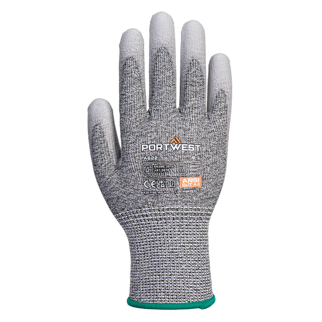 Portwest A622 grey cut-resistant glove with printed safety certifications and green cuff edge.