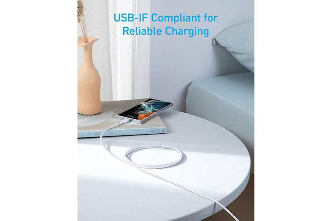 Anker 322 USB-C to USB-C white cable, durable fast charging, compatible with USB-C devices – available at Keans Claremorris.