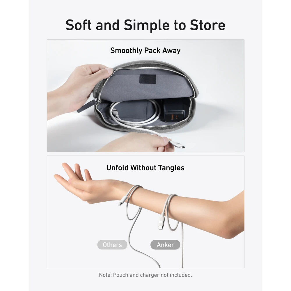 Hands placing Anker USB-C to USB-C 240W charging cable and charger into a gray pouch, and arm showing tangle-free cable
