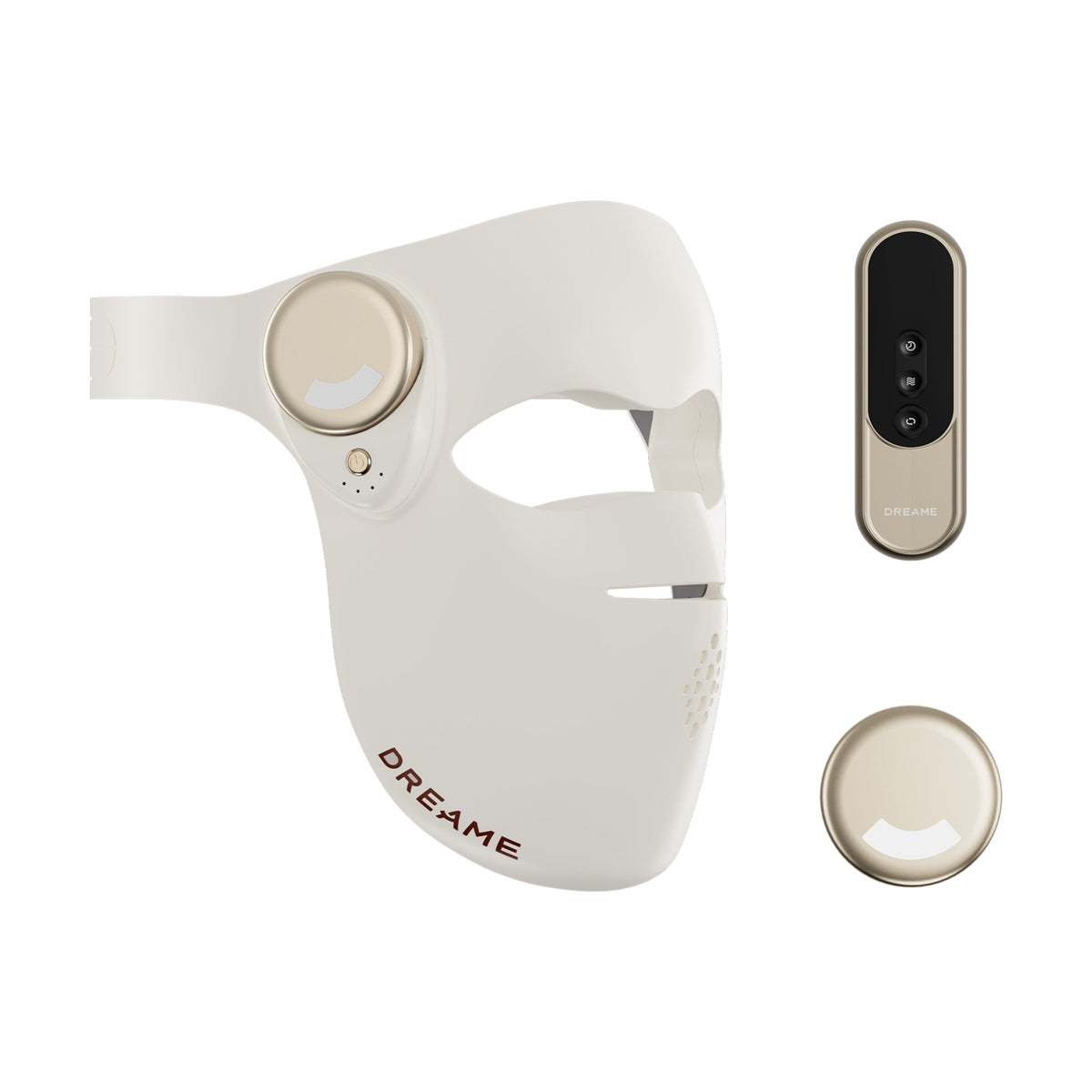 A white and beige Dreamwave facial training mask set shown on a clean white background, including the main mask, a separate round beige pad, and a slim black-and-beige control unit. The brand name 'DREAM' is visible on the control unit.
