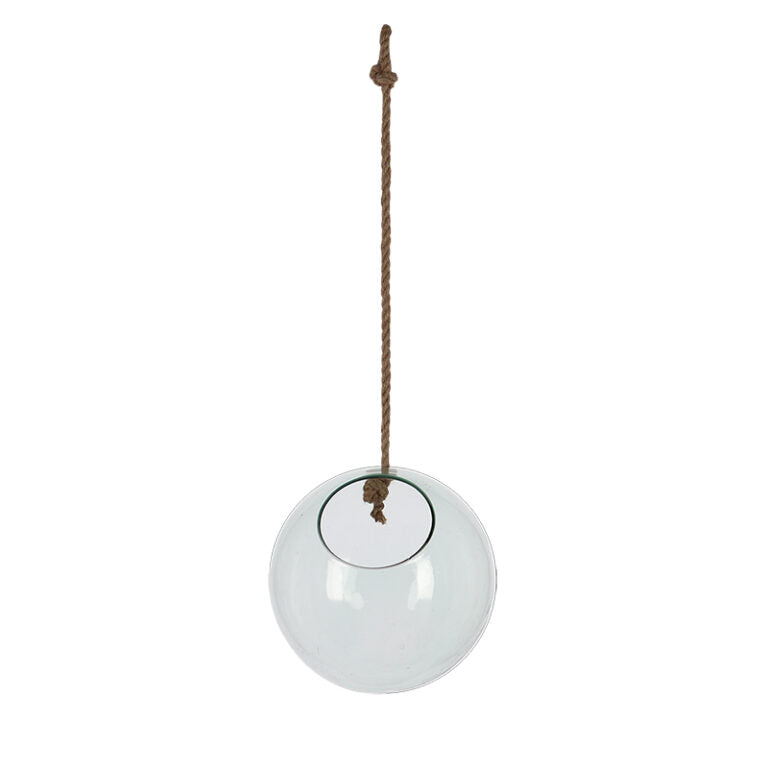 Medium recycled glass ball hanger terrarium with natural jute rope and circular opening.